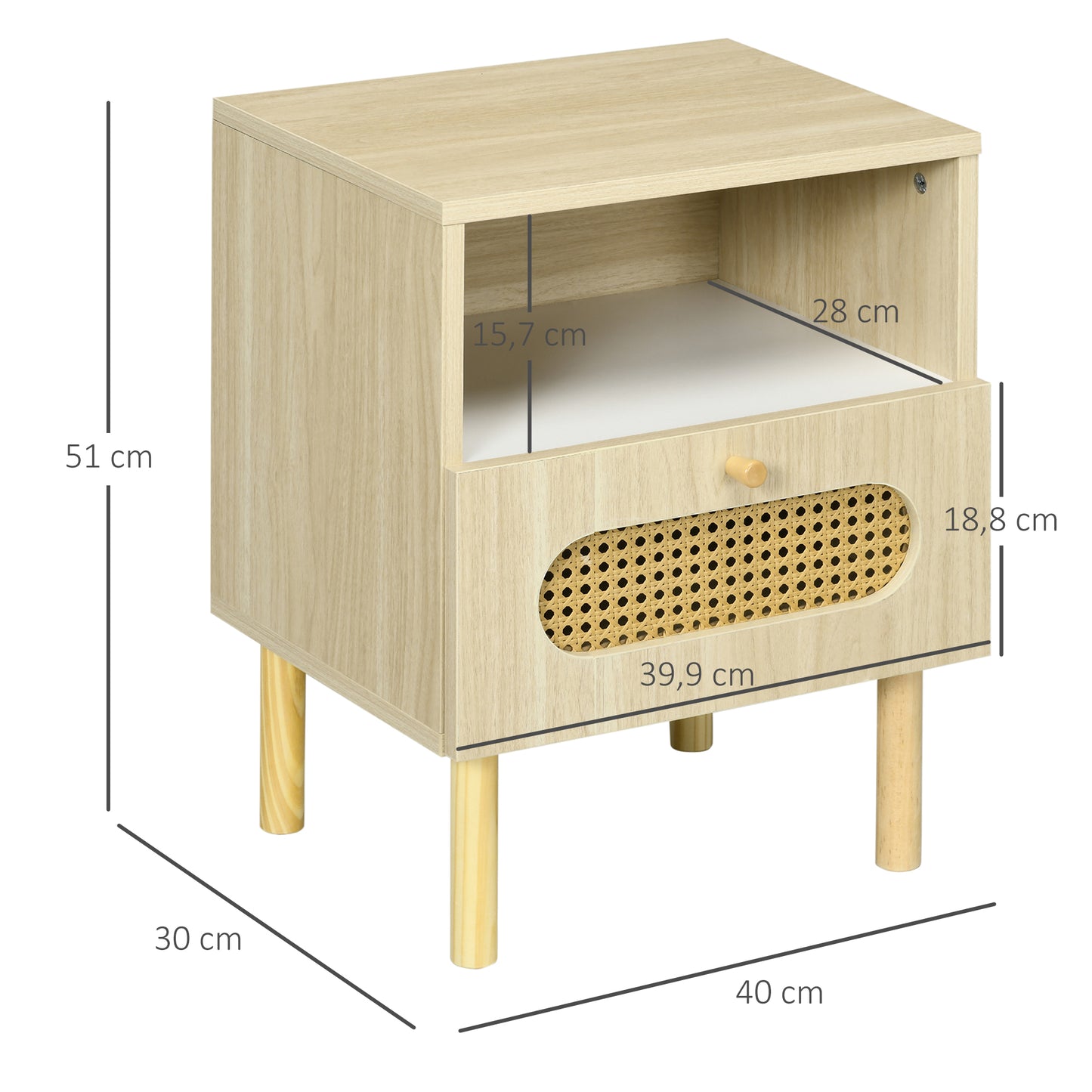 HOMCOM Mesa de Cabeceira Pequena com Gaveta com Imitação de Vime Prateleira Aberta e Pés de Madeira de Pinho para Sala de Estar Dormitório 40x30x51 cm Carvalho