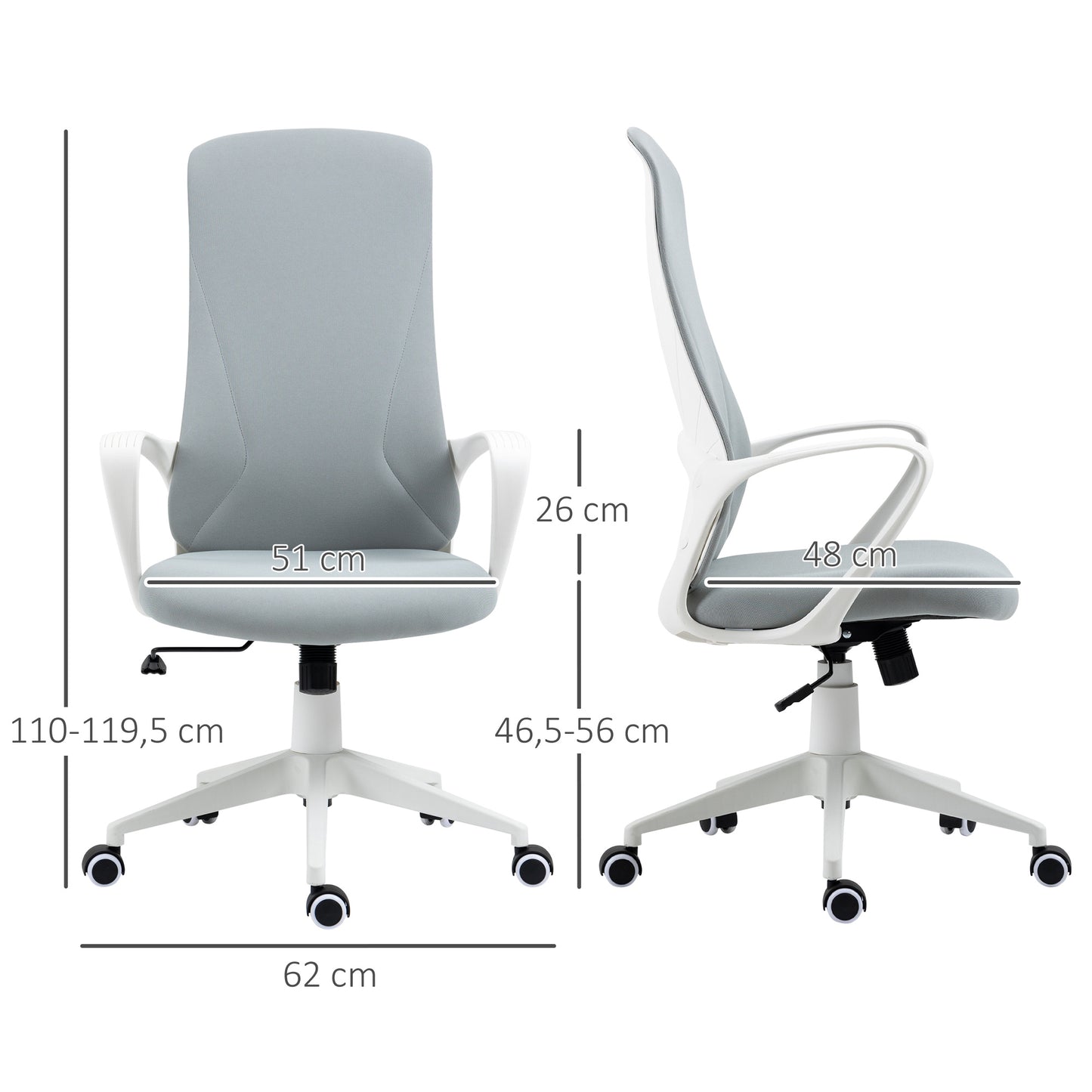 Vinsetto Cadeira de Escritório Giratória com Altura Ajustável Cadeira de Escritório Ergonómica com Apoio para os Braços Função de Inclinação e Encosto Alto para Sala de Estar Dormitório 62x56x110-119,5 cm Cinza