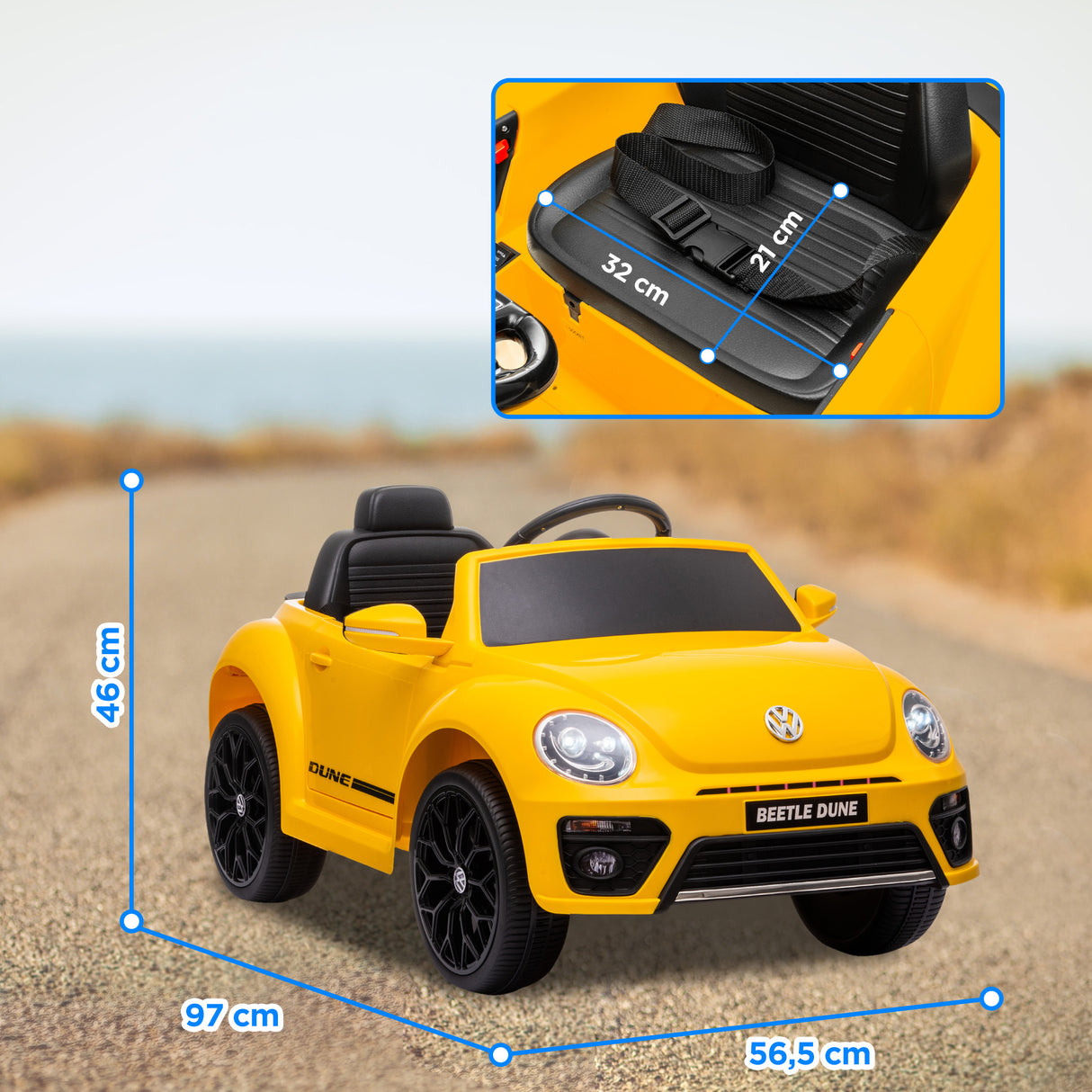 AIYAPLAY Carro Elétrico para Crianças acima de 3 Anos Carro Elétrico Infantil Volkswagen Beetle com Bateria 12V Controlo Remoto Faróis Buzina e Música 97x56,5x46 cm Amarelo