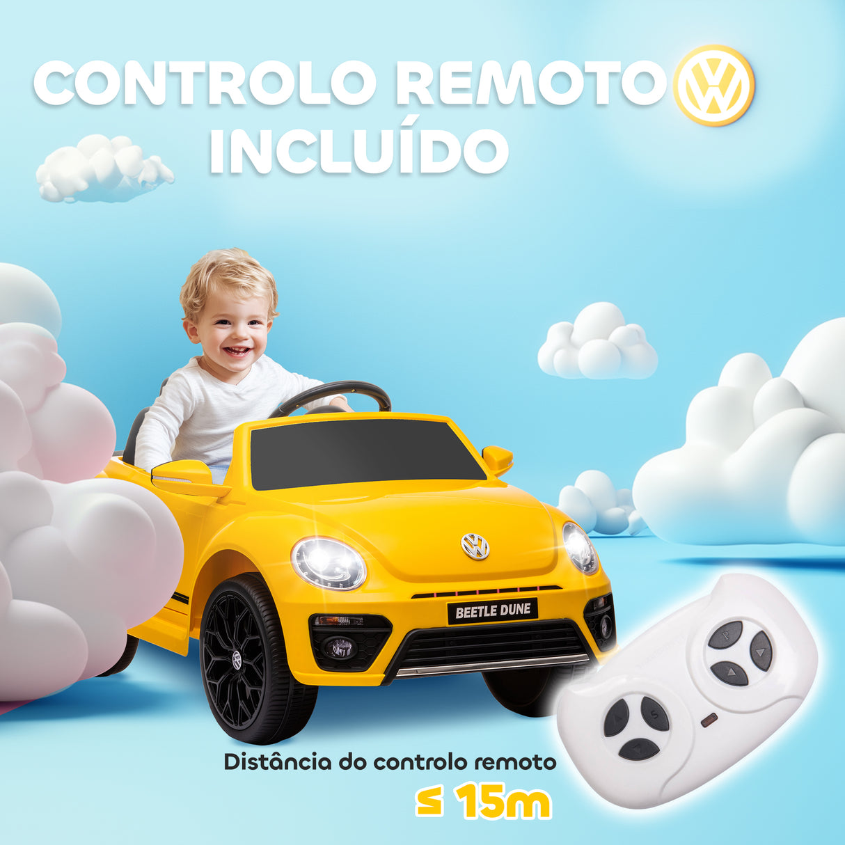 AIYAPLAY Carro Elétrico para Crianças acima de 3 Anos Carro Elétrico Infantil Volkswagen Beetle com Bateria 12V Controlo Remoto Faróis Buzina e Música 97x56,5x46 cm Amarelo