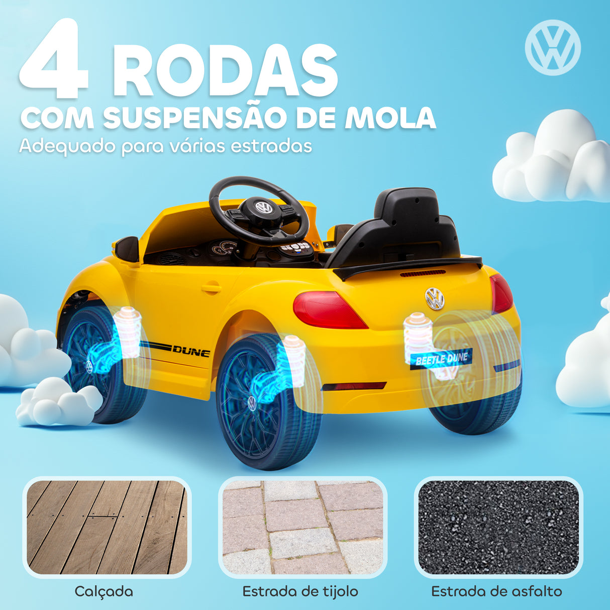 AIYAPLAY Carro Elétrico para Crianças acima de 3 Anos Carro Elétrico Infantil Volkswagen Beetle com Bateria 12V Controlo Remoto Faróis Buzina e Música 97x56,5x46 cm Amarelo