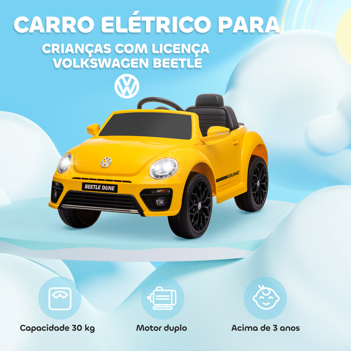 AIYAPLAY Carro Elétrico para Crianças acima de 3 Anos Carro Elétrico Infantil Volkswagen Beetle com Bateria 12V Controlo Remoto Faróis Buzina e Música 97x56,5x46 cm Amarelo