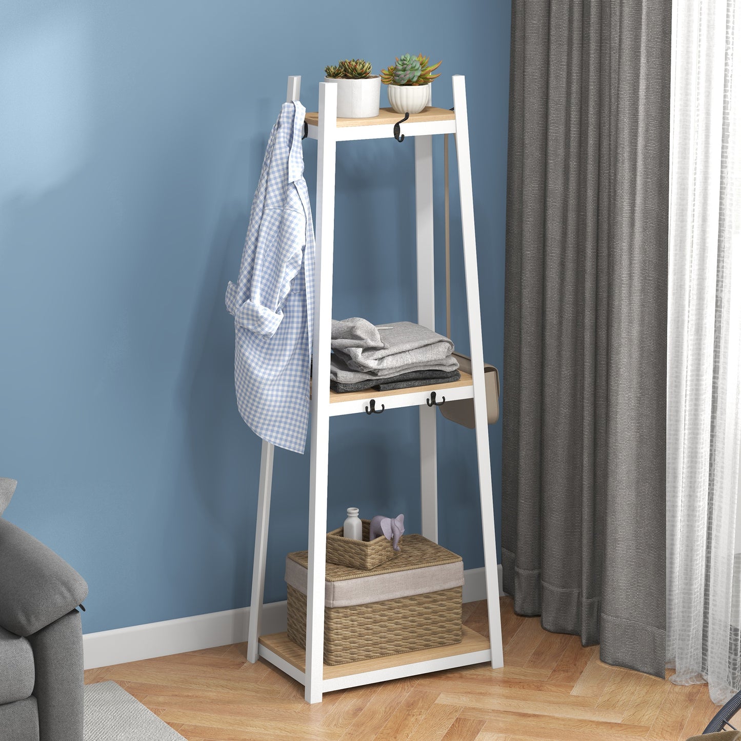 HOMCOM Suporte para Cabides de 3 Níveis Suporte para Cabides com 6 Ganchos e Prateleiras de Armazenamento para Entrada Corredor Quarto Sala 61x41x165 cm Natural