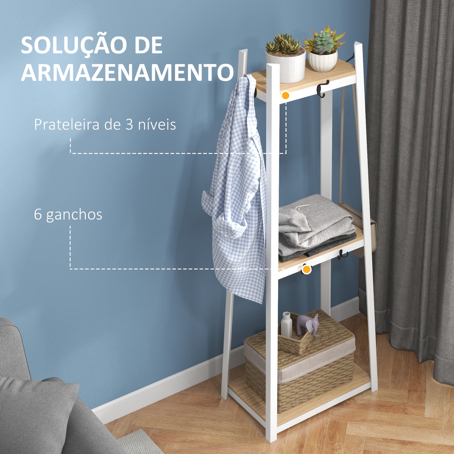 HOMCOM Suporte para Cabides de 3 Níveis Suporte para Cabides com 6 Ganchos e Prateleiras de Armazenamento para Entrada Corredor Quarto Sala 61x41x165 cm Natural