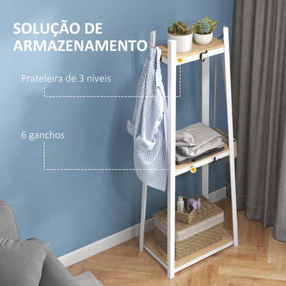 HOMCOM Suporte para Cabides de 3 Níveis Suporte para Cabides com 6 Ganchos e Prateleiras de Armazenamento para Entrada Corredor Quarto Sala 61x41x165 cm Natural