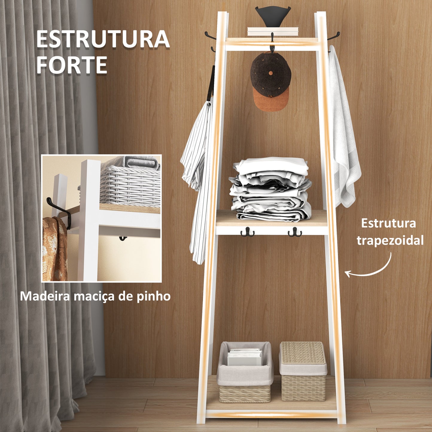 HOMCOM Suporte para Cabides de 3 Níveis Suporte para Cabides com 6 Ganchos e Prateleiras de Armazenamento para Entrada Corredor Quarto Sala 61x41x165 cm Natural