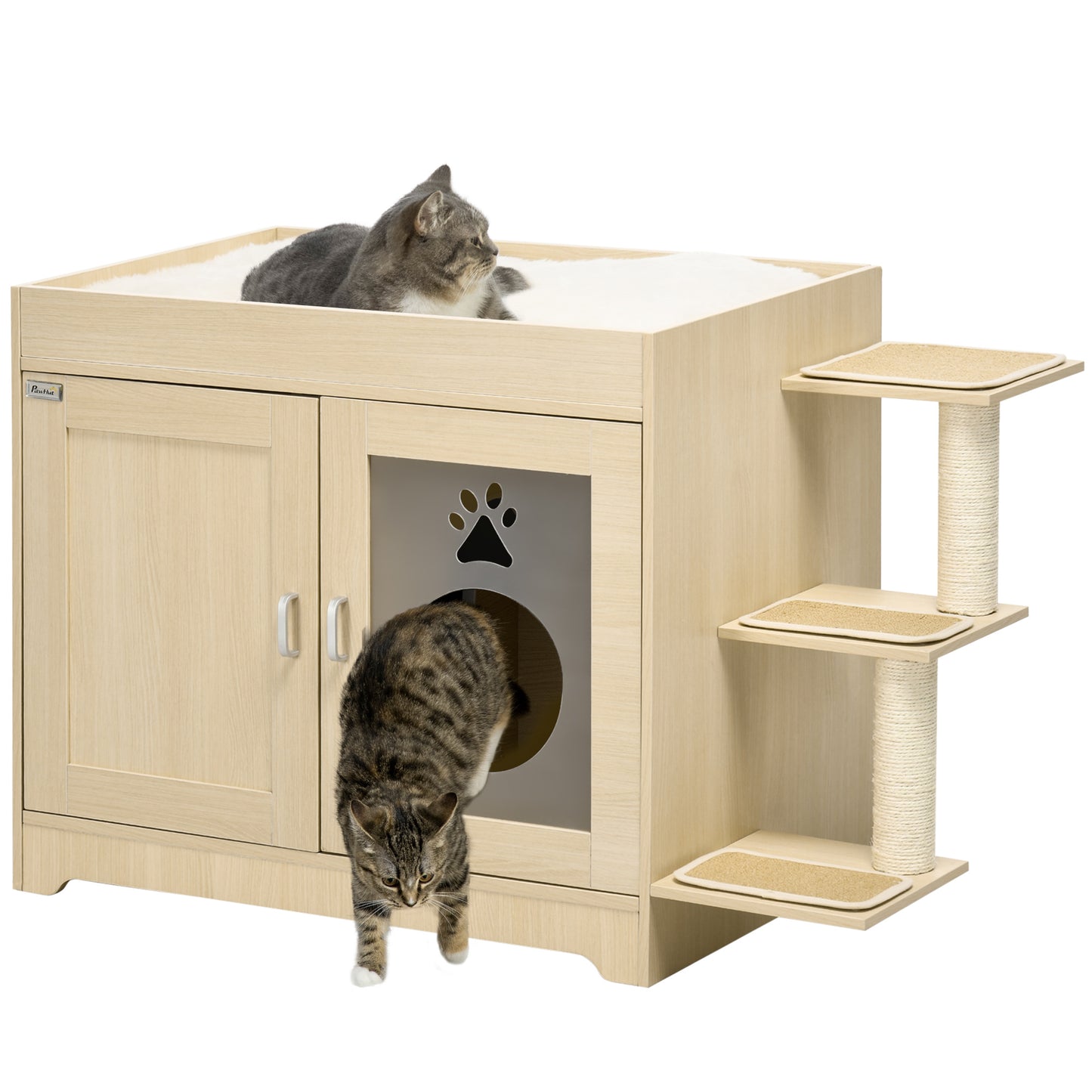 PawHut Caixa de Areia para Gatos de Madeira com 2 Portas Móvel para Caixa de Areia com Cama Almofada Suave 3 Plataformas e Postes de Sisal 107x54x70cm Carvalho