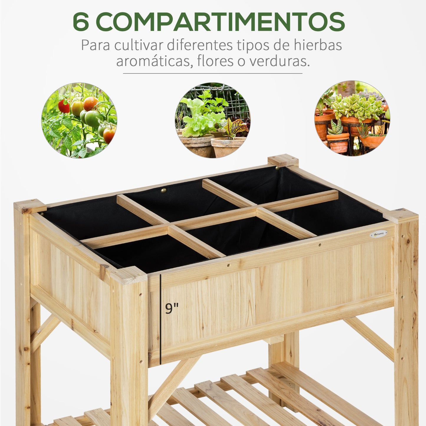 Outsunny Horta Vertical de Madeira 120x60x81cm Mesa de Cultivo com 6 Compartimentos e Prateleira Inferior para Plantas Flores Jardim Terraço Exterior Natural