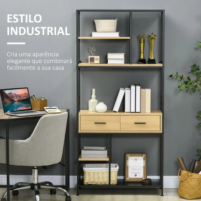 Estante Clarys - Cor Madeira e Preto - Com 5 Prateleiras e 2 Gavetas - 80x30x170,5 cm - Design Moderno