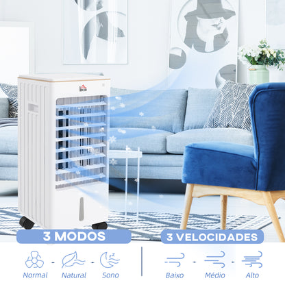 HOMCOM Climatizador Refrigerador de Ar Portátil 3 em 1 Humidificador Ventoinha com 3 Velocidades Controlo Remoto Temporizador 7,5h Ecrã LED Tanque de Água 3L Efeito 15-20 m² 22,5x24,5x53,5 cm Branco