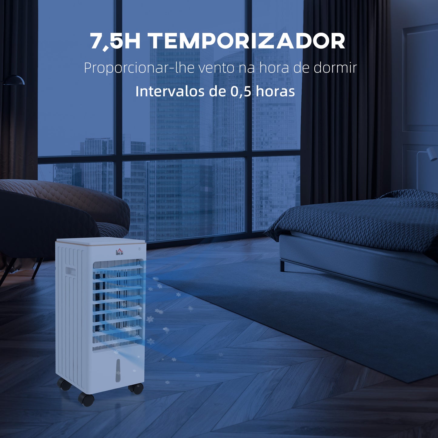 HOMCOM Climatizador Refrigerador de Ar Portátil 3 em 1 Humidificador Ventoinha com 3 Velocidades Controlo Remoto Temporizador 7,5h Ecrã LED Tanque de Água 3L Efeito 15-20 m² 22,5x24,5x53,5 cm Branco