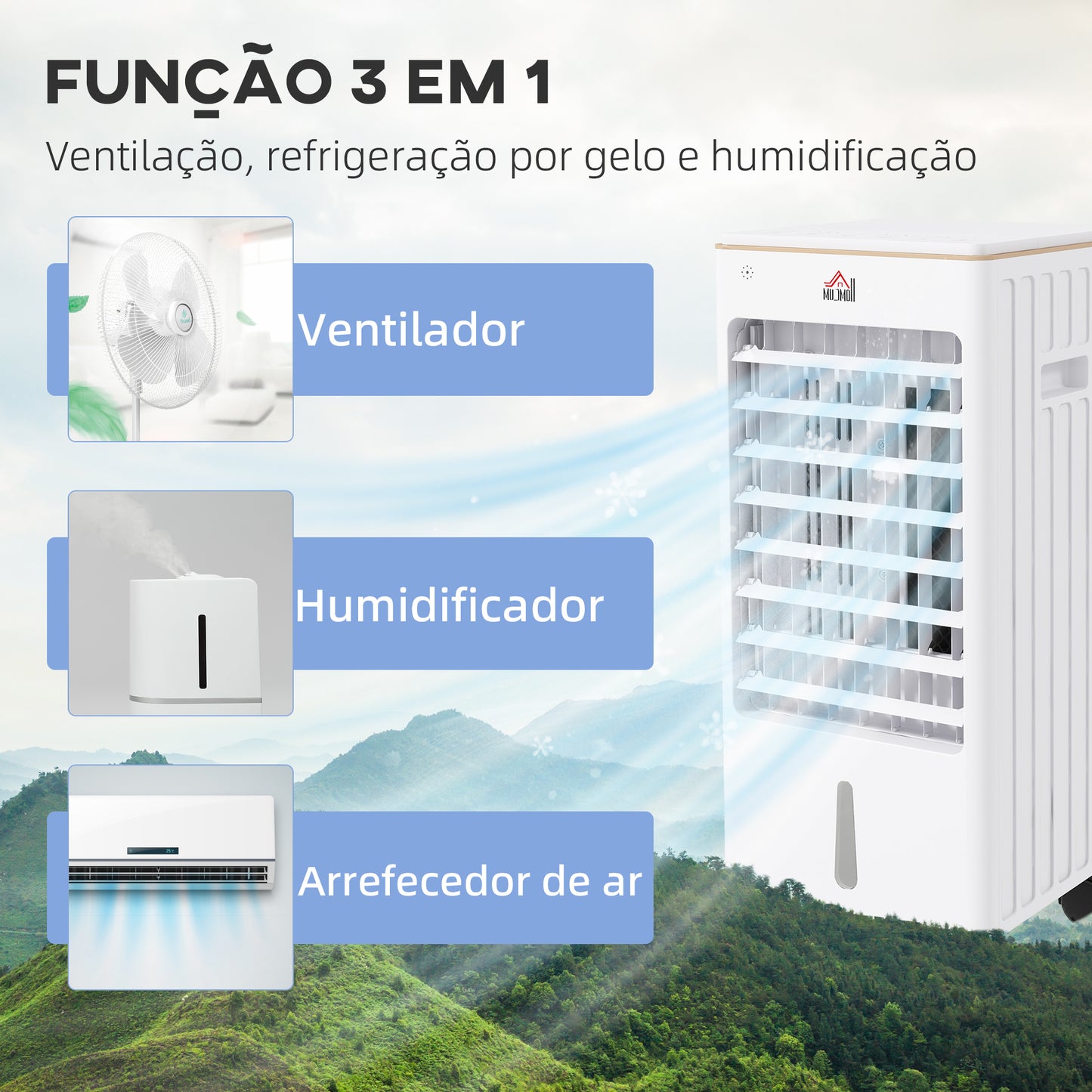 HOMCOM Climatizador Refrigerador de Ar Portátil 3 em 1 Humidificador Ventoinha com 3 Velocidades Controlo Remoto Temporizador 7,5h Ecrã LED Tanque de Água 3L Efeito 15-20 m² 22,5x24,5x53,5 cm Branco