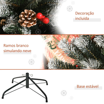 HOMCOM Árvore de Natal Artificial 180cm com 678 Ramas 53 Pinhas e 53 Frutinhas Folhas de PVC PE Base Dobrável e Suporte Metálico Decoração de Natal para Interiores Verde