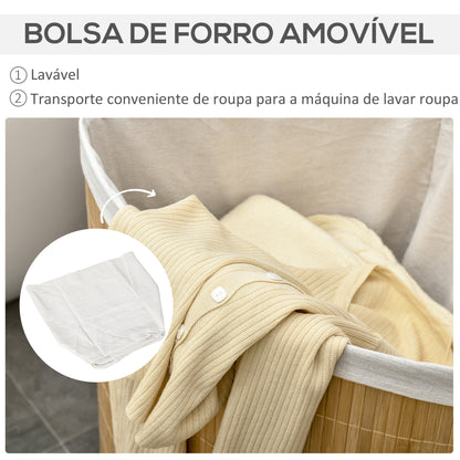 Cesto de Roupa de Bambu Capacidade de 55L Cesto para Roupa Suja em Forma de Leque com Tampa e Bolsa Amovível 38x38x57cm Madeira