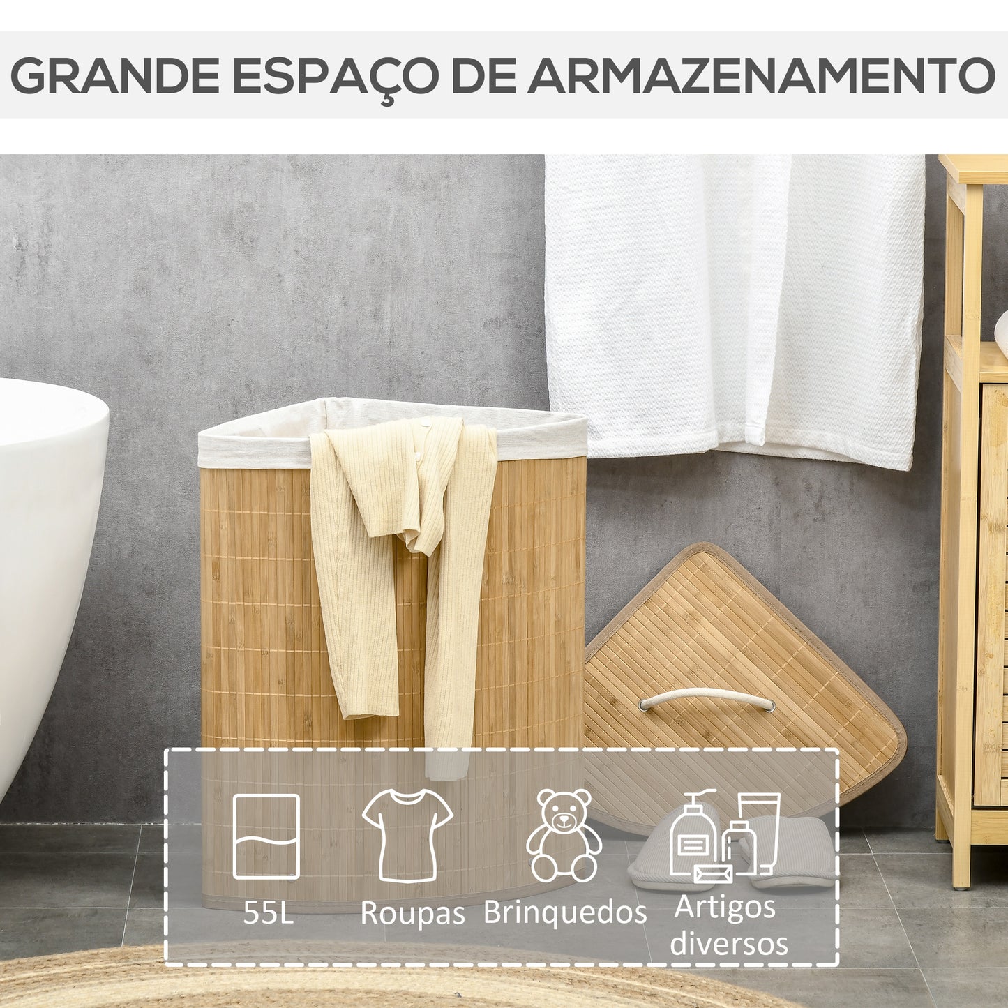 Cesto de Roupa de Bambu Capacidade de 55L Cesto para Roupa Suja em Forma de Leque com Tampa e Bolsa Amovível 38x38x57cm Madeira