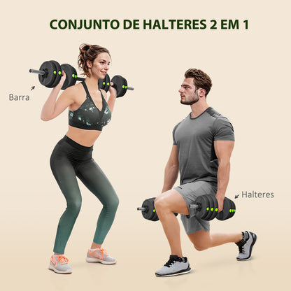 SPORTNOW Kit de Halteres 30 kg 2 em 1 Jogo de Pesos com Barra de Pesos Pega Antiderrapante para Treino de Força em Casa Ginásio Escritório Preto e Verde