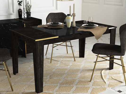 Mesa de Jantar "Veyron" – 145x85x76.2 cm – Preto, Preto Mármore e Dourado – Design Moderno e Glamour