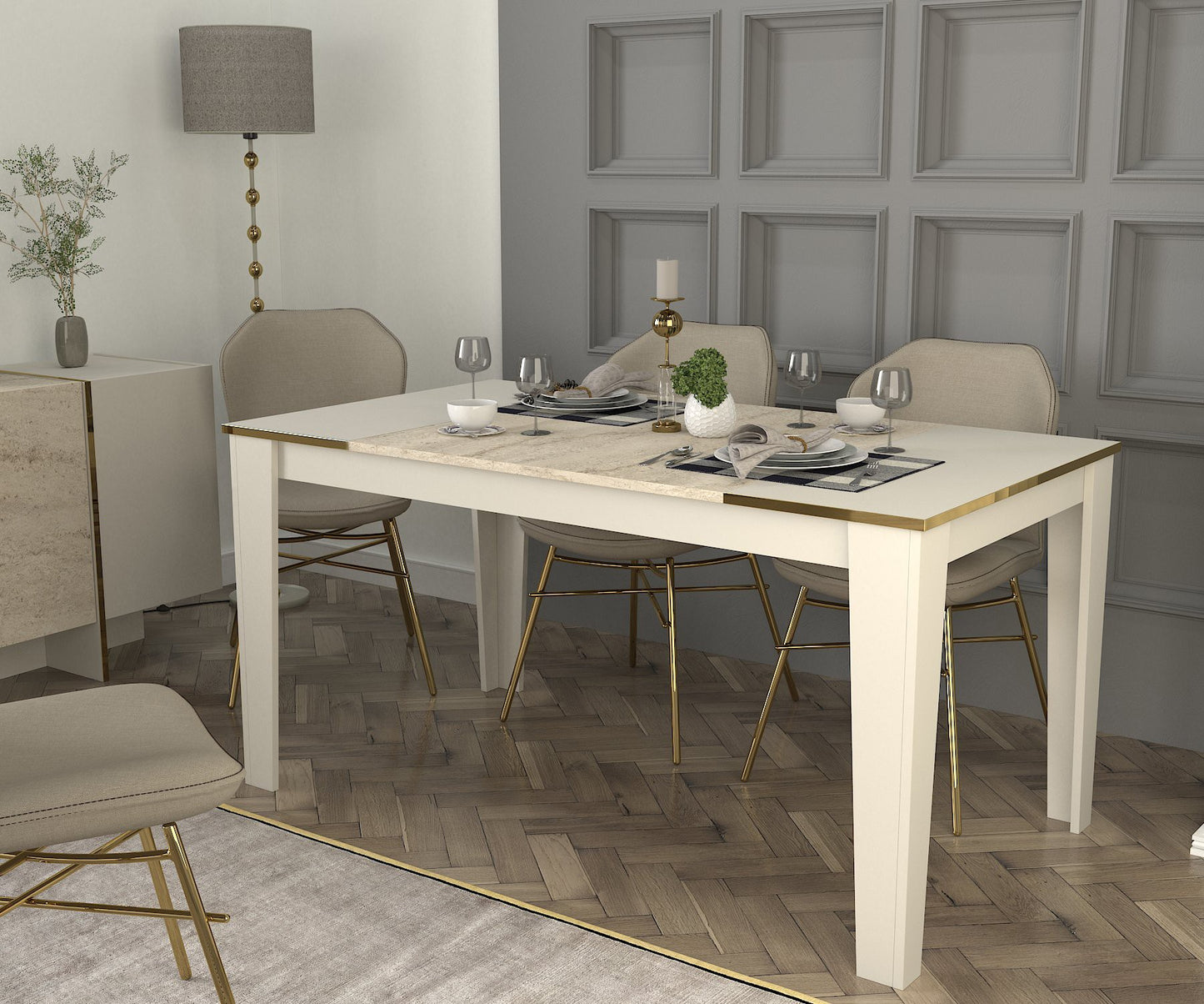 Mesa de Jantar "Veyron" – 145x85x76.2 cm – Branco, Travertino, Arenito e Dourado – Design Moderno e Glamour