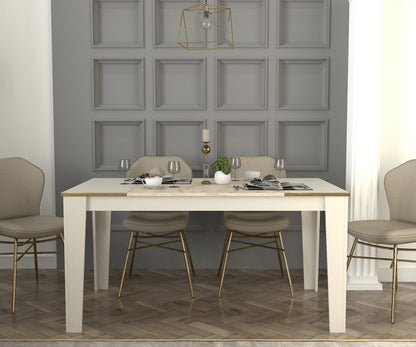 Mesa de Jantar "Veyron" – 145x85x76.2 cm – Branco, Travertino, Arenito e Dourado – Design Moderno e Glamour