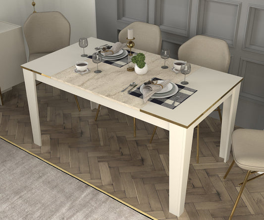 Mesa de Jantar "Veyron" – 145x85x76.2 cm – Branco, Travertino, Arenito e Dourado – Design Moderno e Glamour