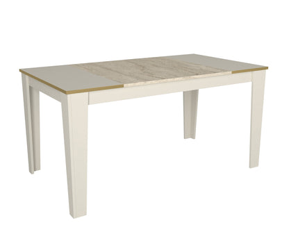 Mesa de Jantar "Veyron" – 145x85x76.2 cm – Branco, Travertino, Arenito e Dourado – Design Moderno e Glamour