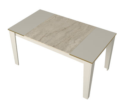 Mesa de Jantar "Veyron" – 145x85x76.2 cm – Branco, Travertino, Arenito e Dourado – Design Moderno e Glamour