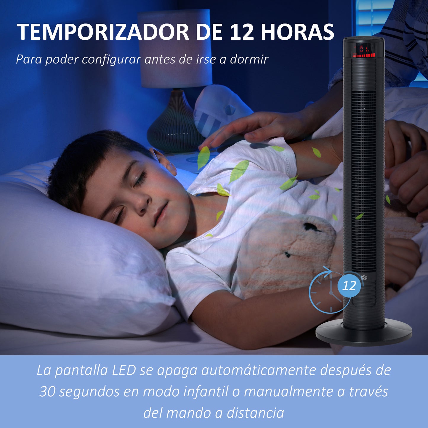 HOMCOM Ventoinha de Coluna Altura 96cm 45W com Controle Remoto 3 Velocidades 4 Modos de Funcionamento e Oscilação de 70° Tela LED Tátil Temporizador de 12H Silencioso e Alça de Transporte Preto