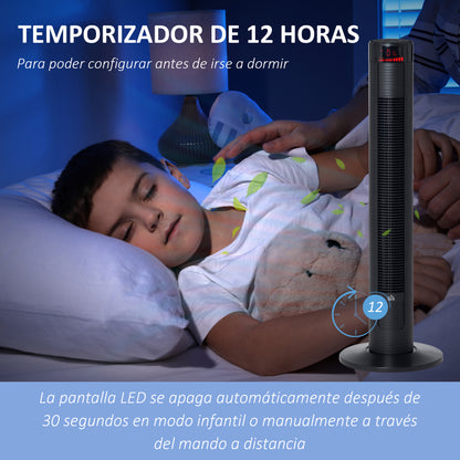 HOMCOM Ventoinha de Coluna Altura 96cm 45W com Controle Remoto 3 Velocidades 4 Modos de Funcionamento e Oscilação de 70° Tela LED Tátil Temporizador de 12H Silencioso e Alça de Transporte Preto