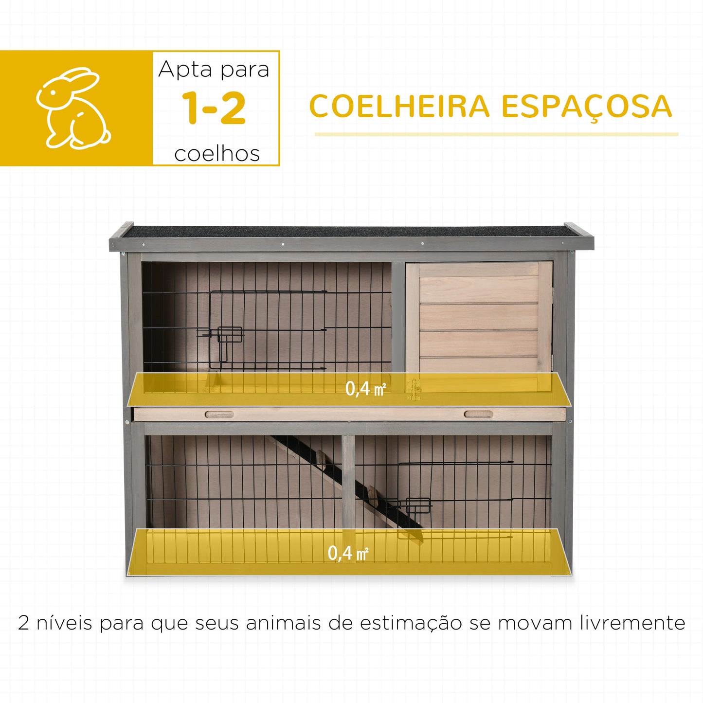 PawHut Coelheira de Madeira Exterior Gaiola para 2 Coelhos com 2 Portas com Fechaduras Teto Asfáltico Abatível Bandeja Removível Rampa e Zona Aberta 108x45x78cm Cinza