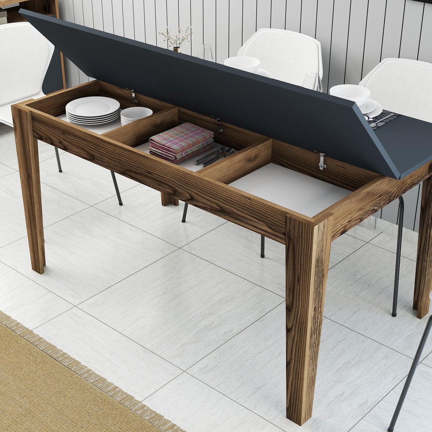 Mesa de Jantar "Milano" com Arrumação – 145x88x75 cm – Nogueira e Antracite – Design Moderno