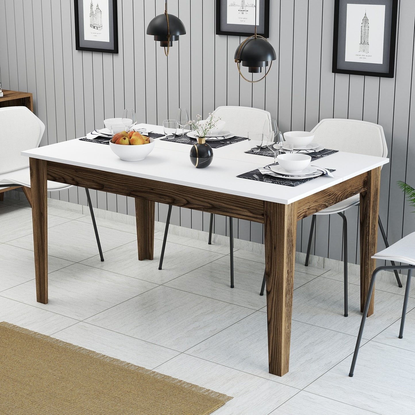 Mesa de Jantar "Milano" com Arrumação – 145x88x75 cm – Nogueira e Branco – Design Moderno