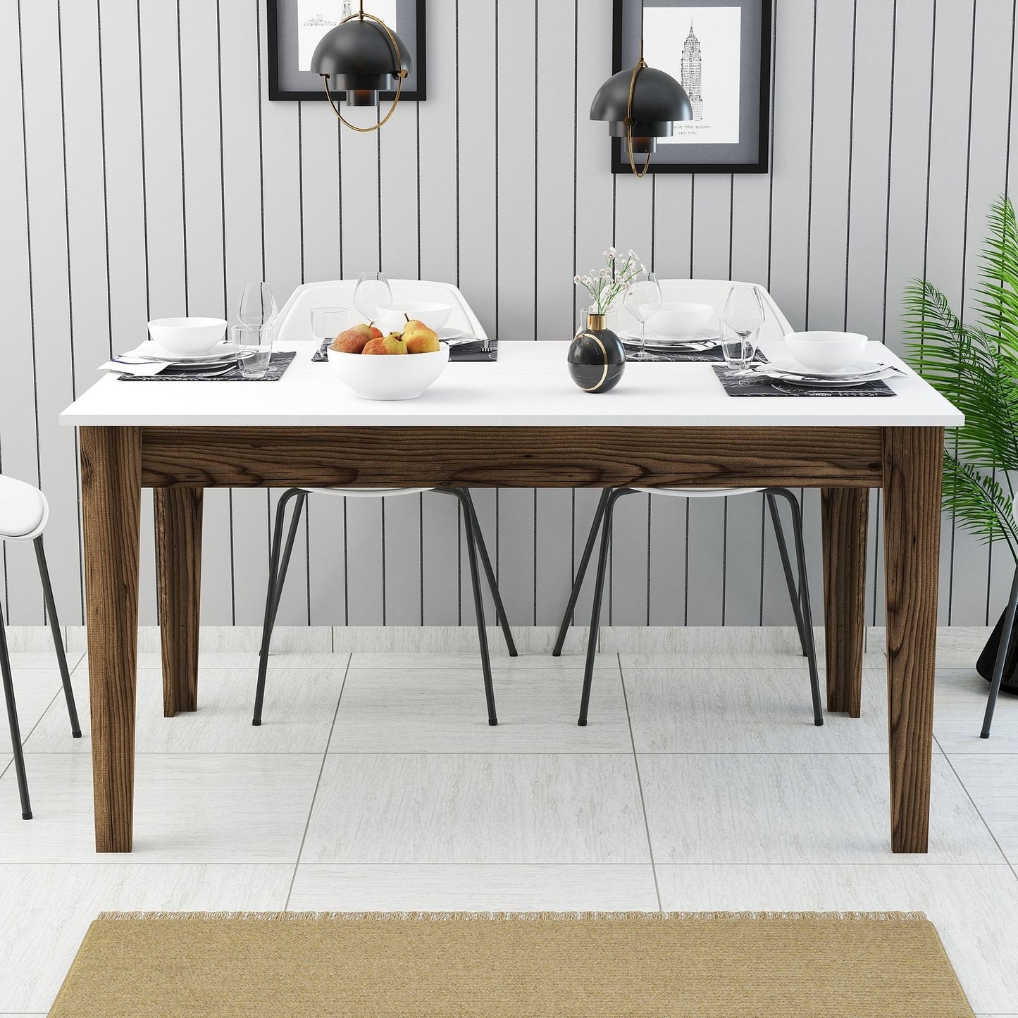 Mesa de Jantar "Milano" com Arrumação – 145x88x75 cm – Nogueira e Branco – Design Moderno