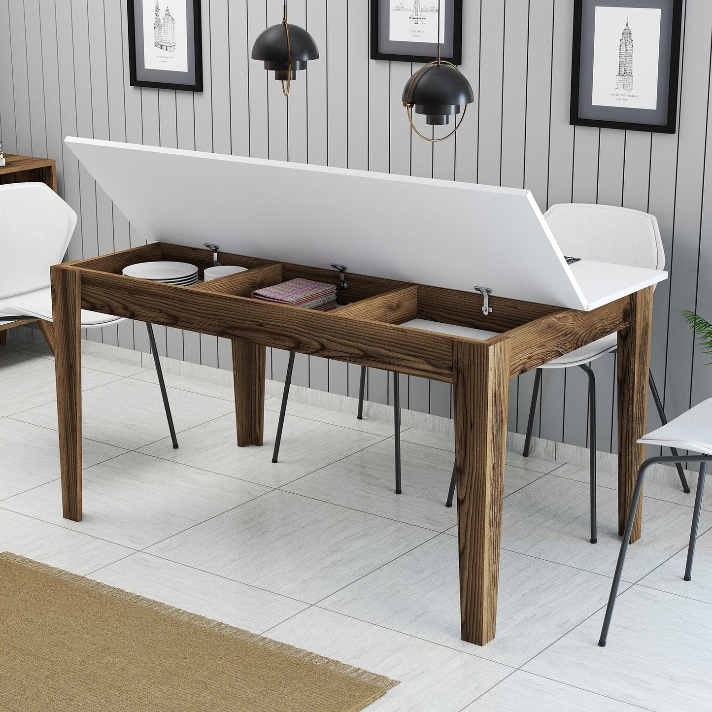 Mesa de Jantar "Milano" com Arrumação – 145x88x75 cm – Nogueira e Branco – Design Moderno