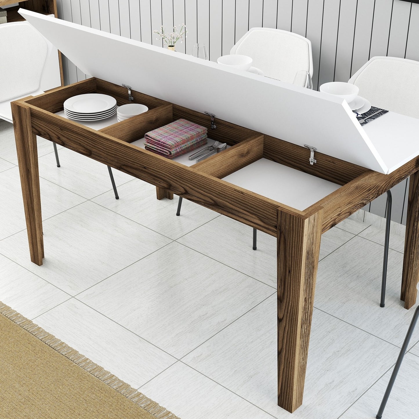 Mesa de Jantar "Milano" com Arrumação – 145x88x75 cm – Nogueira e Branco – Design Moderno