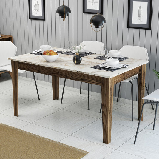 Mesa de Jantar "Milano" com Arrumação – 145x88x75 cm – Nogueira e Branco Mármore – Design Moderno