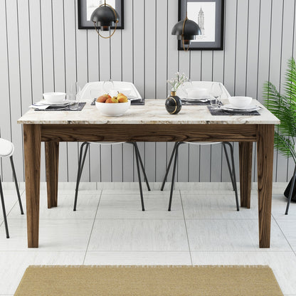 Mesa de Jantar "Milano" com Arrumação – 145x88x75 cm – Nogueira e Branco Mármore – Design Moderno