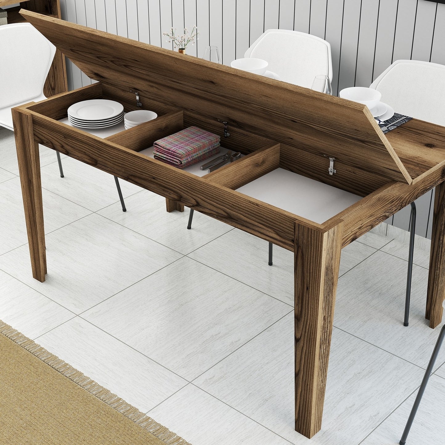 Mesa de Jantar "Milano" com Arrumação – 145x88x75 cm – Nogueira – Design Moderno