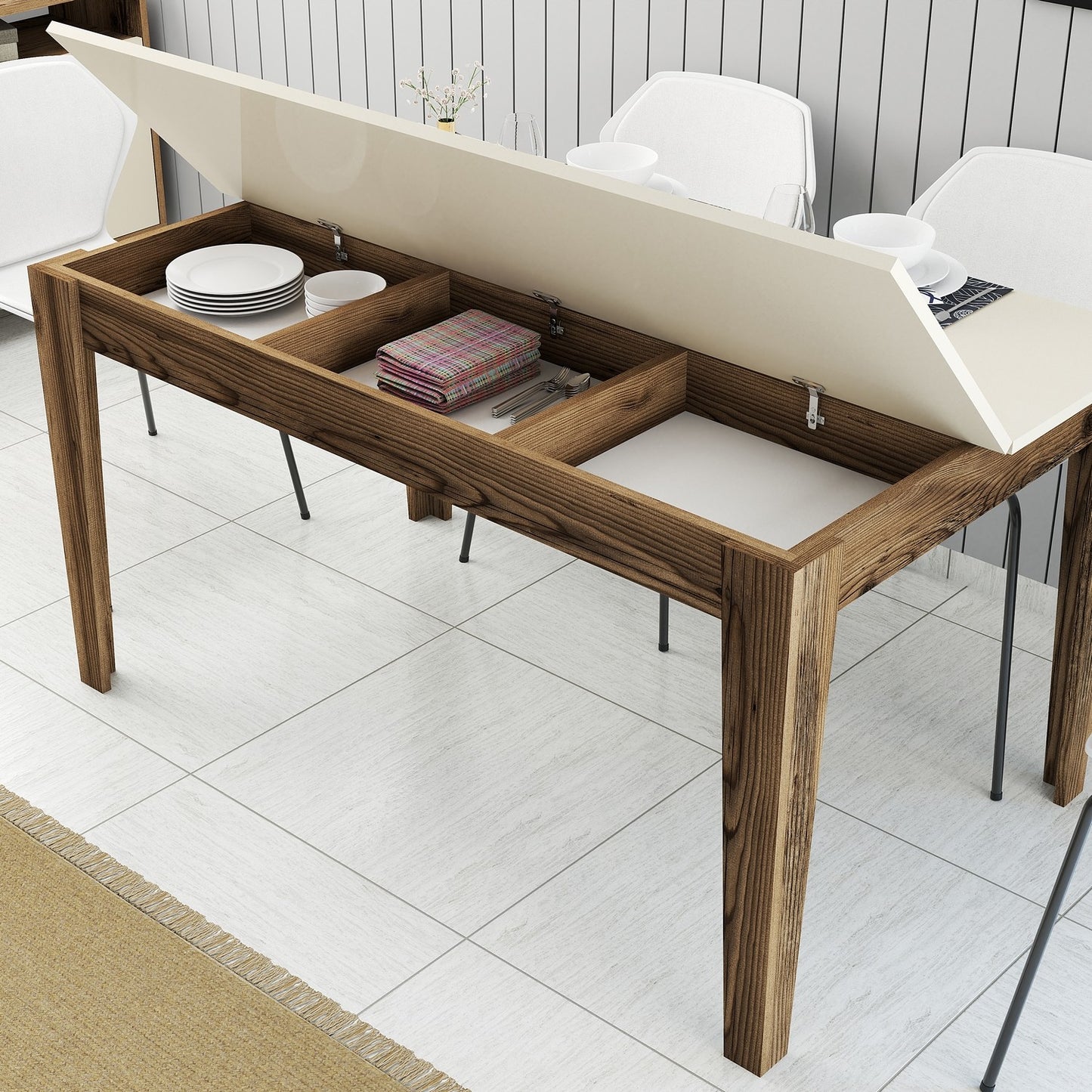 Mesa de Jantar "Milano" com Arrumação – 145x88x75 cm – Nogueira e Creme – Design Moderno