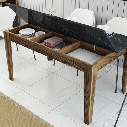 Mesa de Jantar "Milano" com Arrumação – 145x88x75 cm – Nogueira e Preto Mármore – Design Moderno