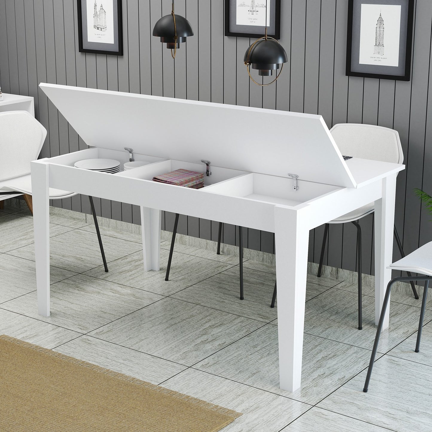 Mesa de Jantar "Milano" com Arrumação – 145x88x75 cm – Branco – Design Moderno