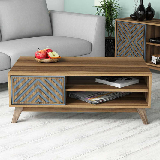 Mesa de Centro "Inci" – 105x60x38.2 cm – Nogueira e Azul - Design Moderno