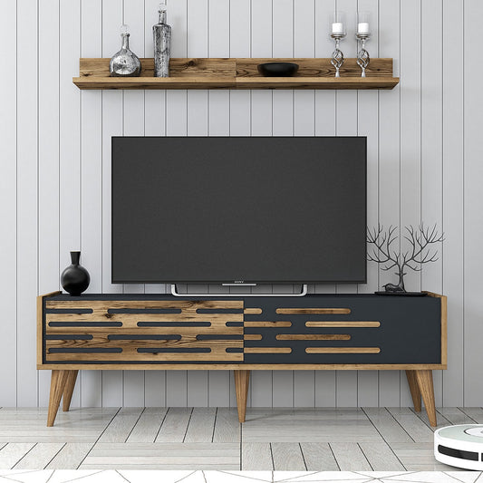 Móvel de TV "Wood" com 2 Portas e Prateleiras de Parede - Nogueira e Antracite - 140x35x45 cm - Design Moderno