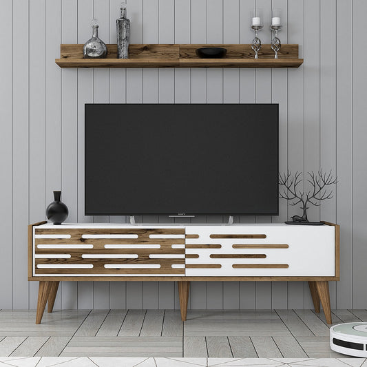 Móvel de TV "Wood" com 2 Portas e Prateleiras de Parede - Nogueira e Branco - 140x35x45 cm - Design Moderno