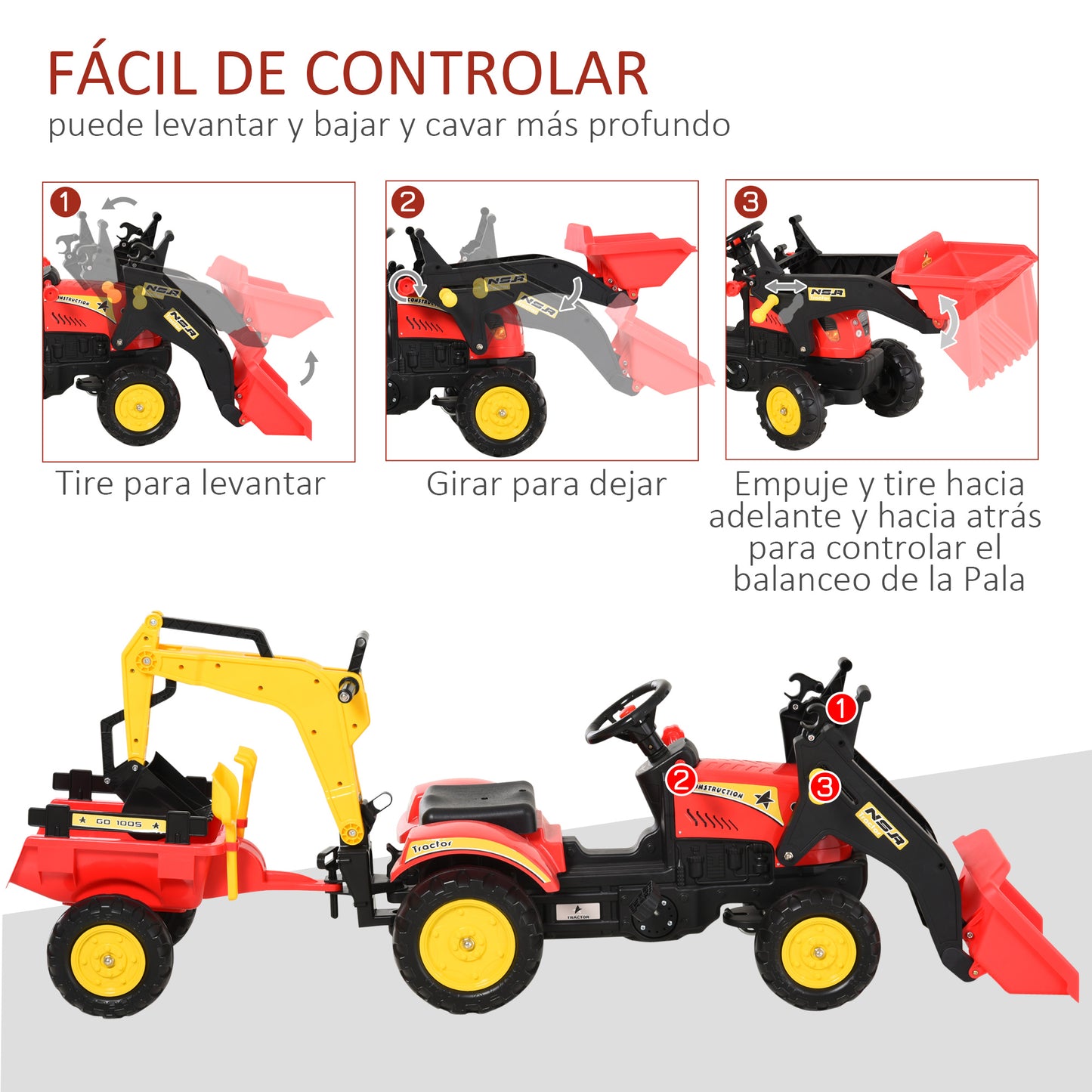 HOMCOM Trator de pedais com reboque escavadeira com pá frontal de brinquedo de condução para crianças acima de 3 anos Direção e pás de fácil controle Suporta até 35 kg 179x42x59 cm Vermelho