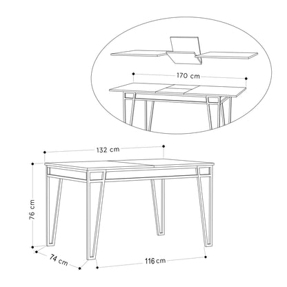 Mesa de Jantar Extensível "Pal" – 132-170x80x76 cm – Carvalho – Design Boho Industrial