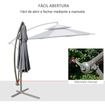 Outsunny Chapéu de Sol de Jardim Ø267 cm Chapéu de Sol Inclinável com Duplo Teto Manivela 8 Hastes de Aço e Base Cruzada Proteção Solar para Terraço Varanda Exterior Cinza