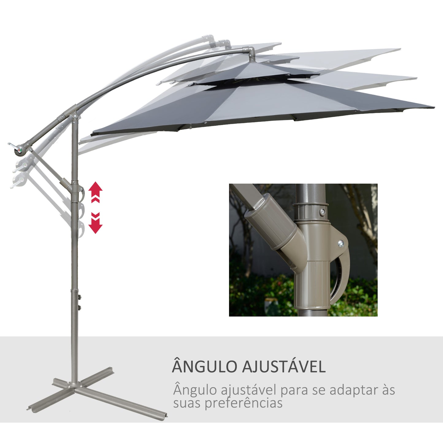 Outsunny Chapéu de Sol de Jardim Ø267 cm Chapéu de Sol Inclinável com Duplo Teto Manivela 8 Hastes de Aço e Base Cruzada Proteção Solar para Terraço Varanda Exterior Cinza