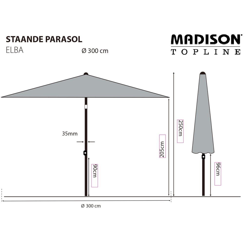 Madison Guarda-sol de jardim Elba 300 cm cinzento-acastanhado