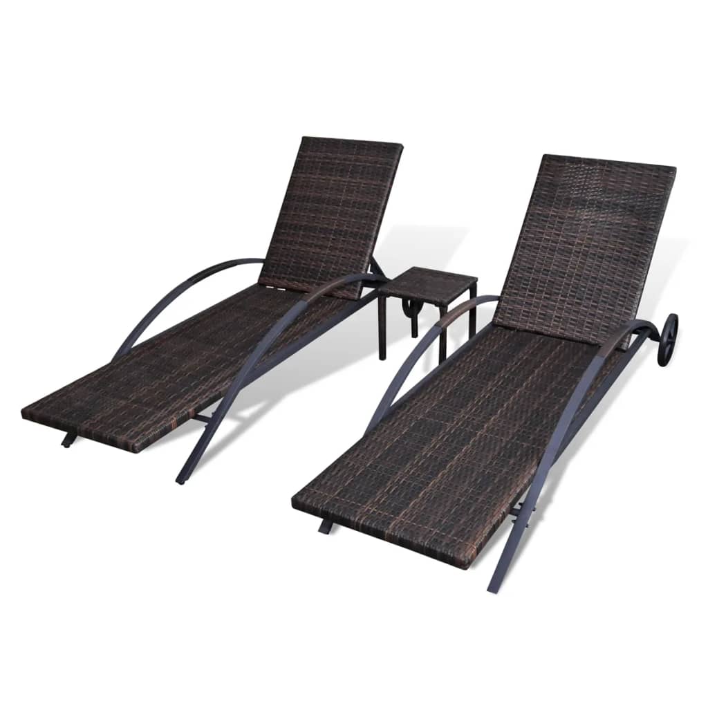 Espreguiçadeiras com mesa 2 pcs vime PE castanho