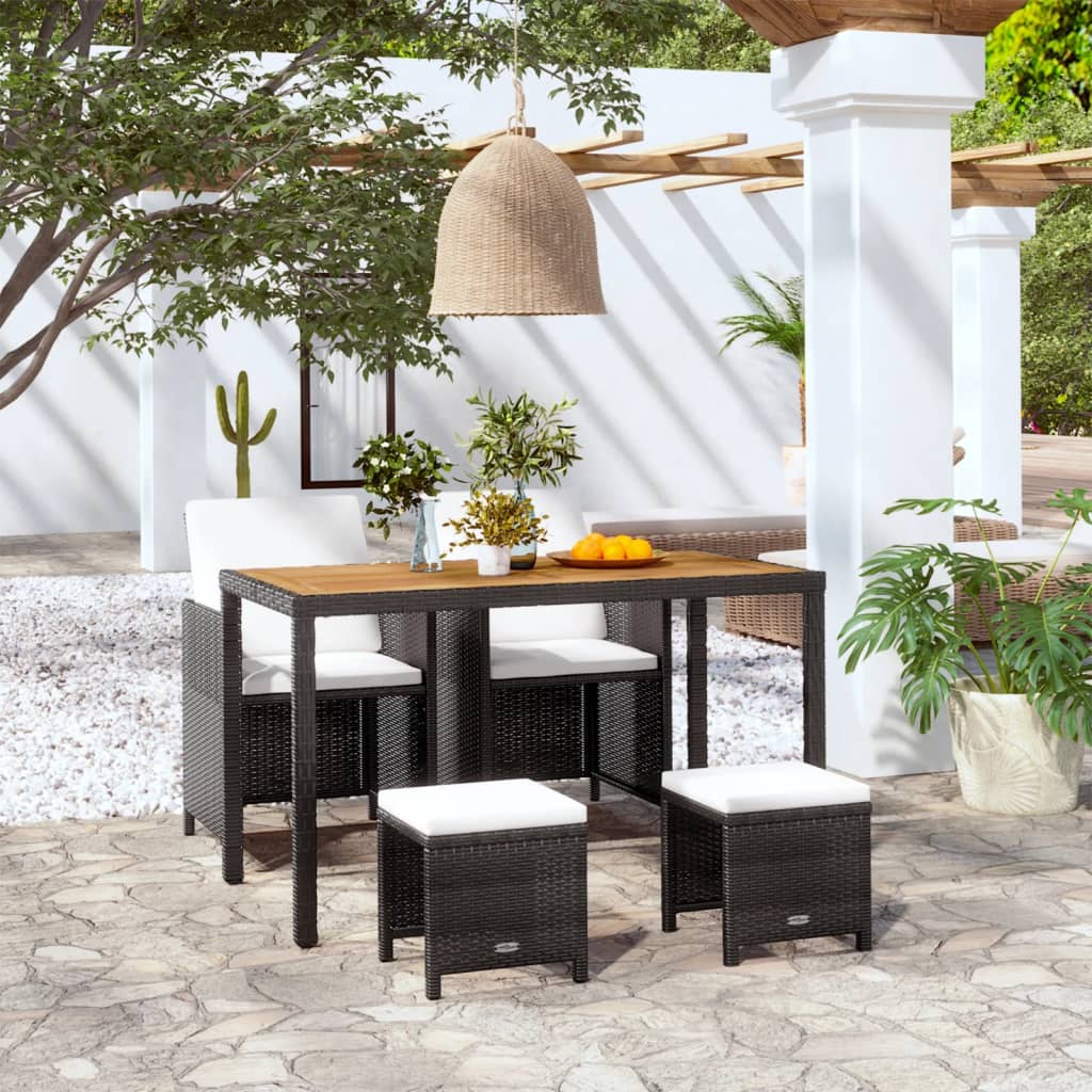 5 pcs conjunto jantar p/ exterior vime e madeira acácia preto